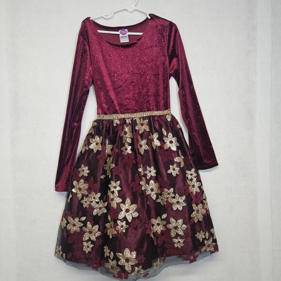Dollie & Me Girl's Burgundy and Gold Sparkly Velvet Holiday Dress - Picture 1 of 8